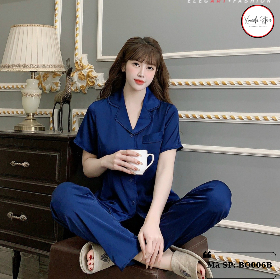 Bộ pijamas nữ áo cộc quần dài nhiều màu trơn chất lụa Xumaki Store BO006B