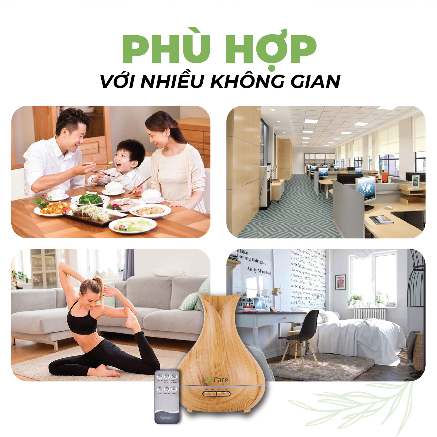 Máy khuếch tán Tinh Dầu 24Care Tulip màu Vàng Ultrasonic 500ml, Tặng 2  Chai Tinh dầu Sả Chanh + Bạc Hà 24Care 10ml | Xông Phòng | Kèm Remote Điều Khiển |Công nghệ siêu âm tiên tiến.