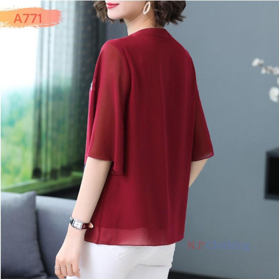 ️Có Big Size️Áo Kiểu Trung Niên Phối Họa Tiết Hoa Sang Trọng Đi Tiệc Cho Mẹ U50-80