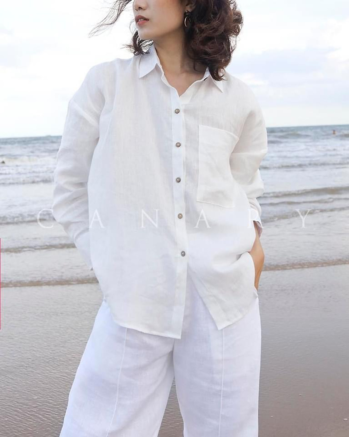 Sơ mi nữ linen form rộng trễ vai trẻ trung