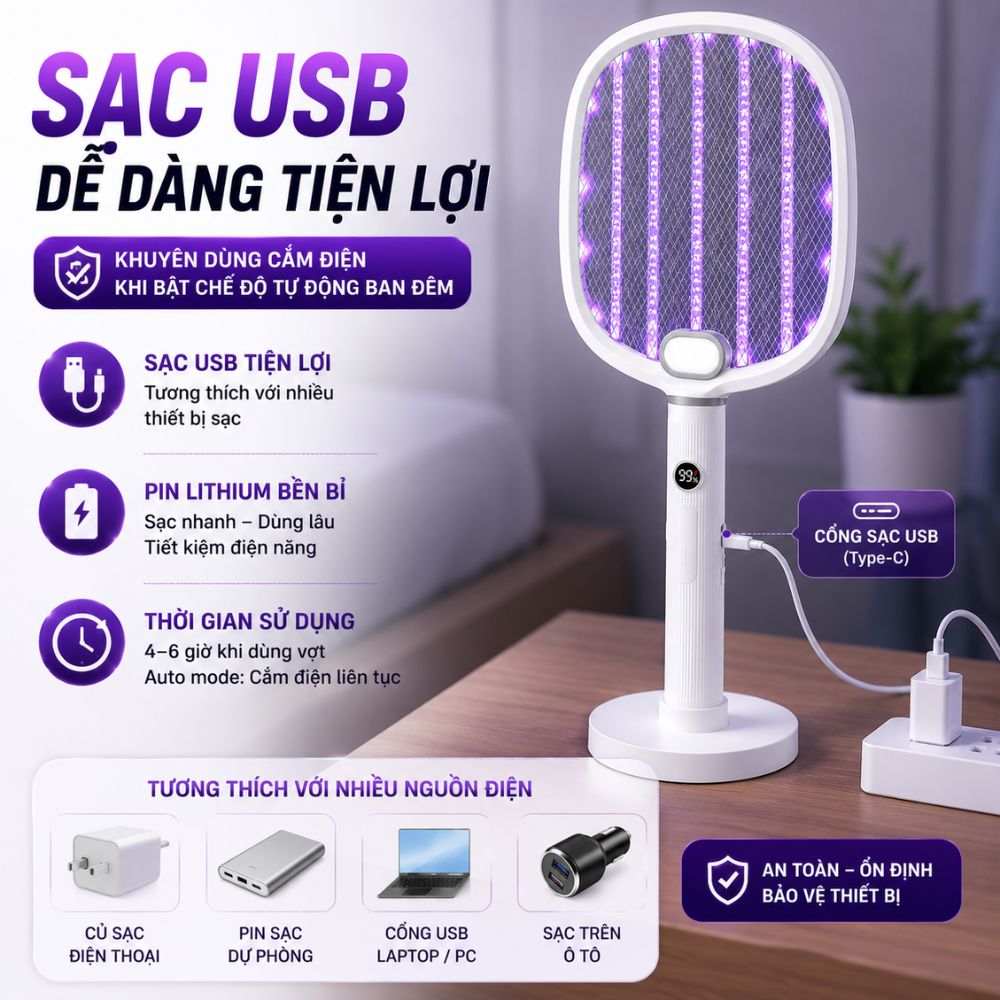 Vợt Bắt Muỗi Tự Động Kachi MK462 – Tích Hợp Đèn Bắt Muỗi, Màn Hình LED Thông Minh - hàng chính hãng