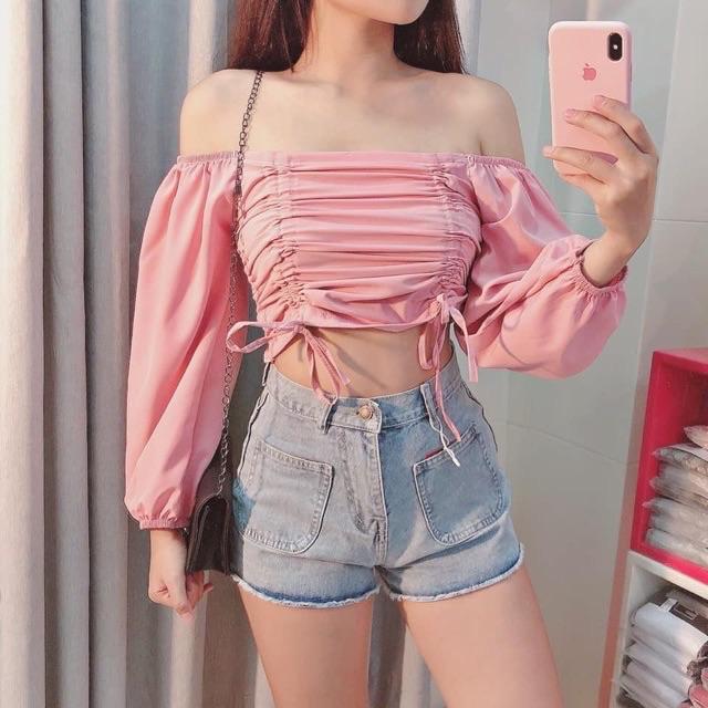 Áo tay dài phồng nhún eo vải kate