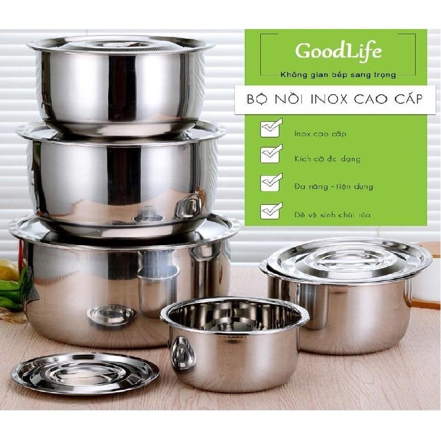 Bộ 5 Thố Inox Không Quai Có Nắp Đậy Đủ Kích Thước Cao Cấp