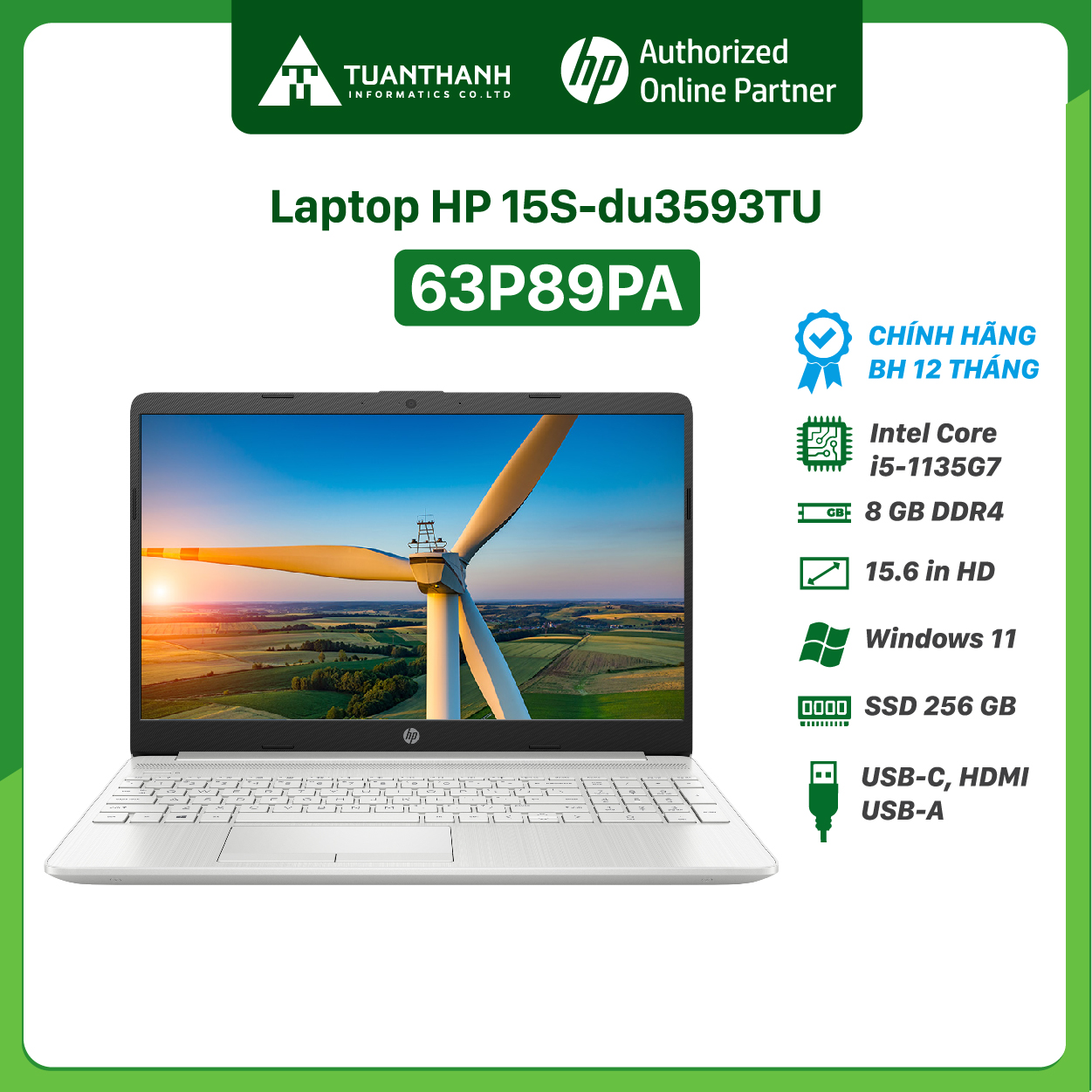 Laptop HP 15S-DU3593TU i5-1135G7/8GB/256GB/Win11 (63P89PA)/Màu Bạc- Hàng Chính Hãng