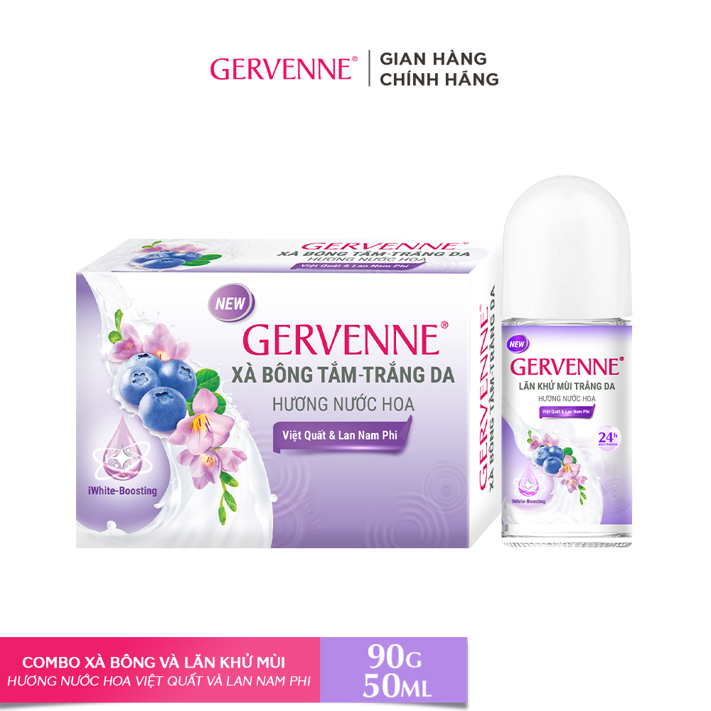 Combo Xà bông tắm trắng Gervenne 90g và Lăn khử mùi trắng da hương Việt Quất và Lan Nam Phi 50ml