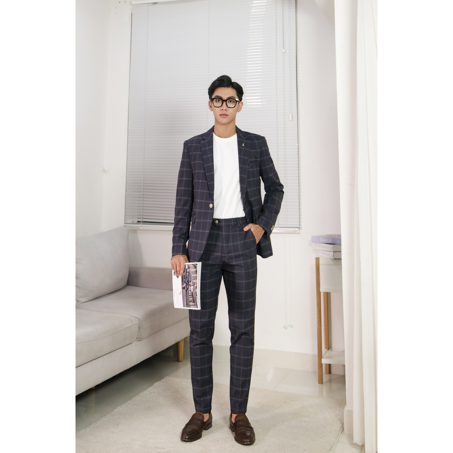 Bộ suit kẻ sọc may đo, thiết kế một hàng khuy xẻ tà giữa, BASIC-CARO-SUIT-3 kiểu dáng Slim Fit phong cách sang trọng - HY.WO