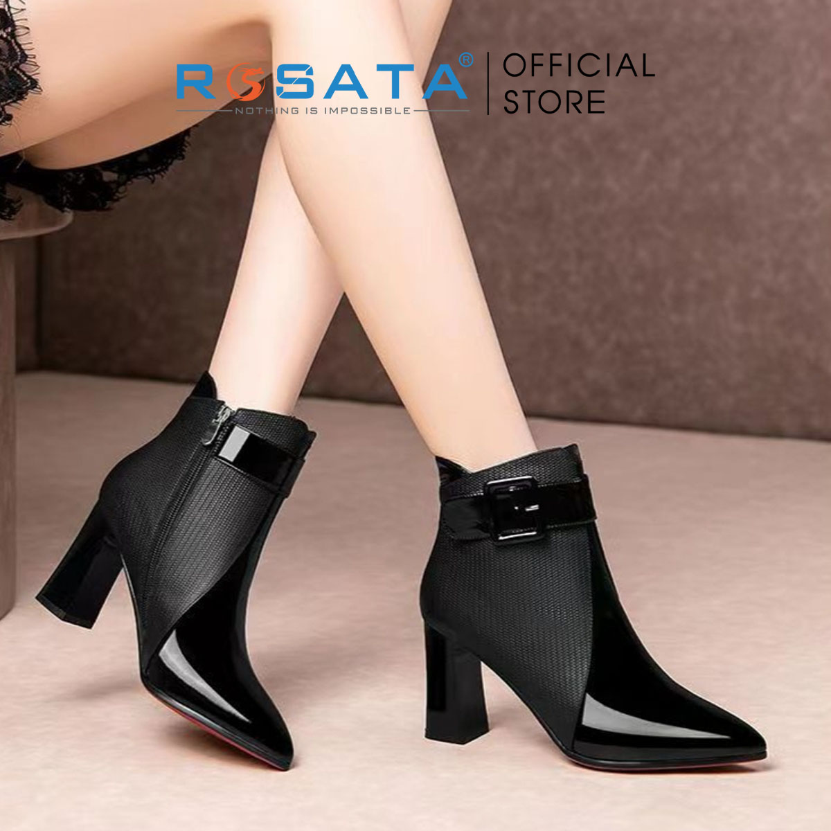 Boots thời trang nữ da bóng phối vân ROSATA RO603 - 8p - HÀNG VIỆT NAM - BKSTORE