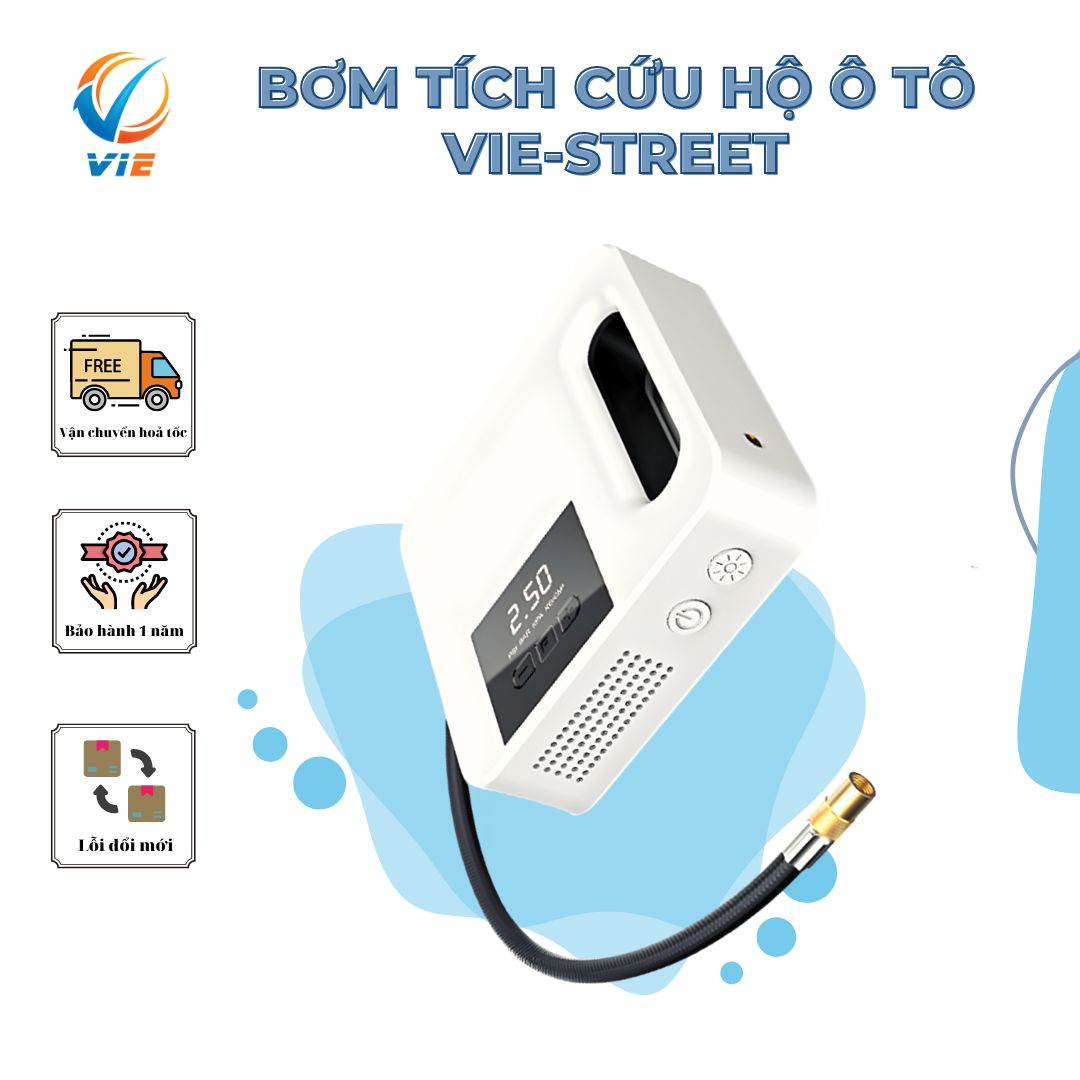 Bơm lốp ô tô 12v VF-STREET tự động ngắt tích hợp đèn bin soi sáng - Hàng chính hãng