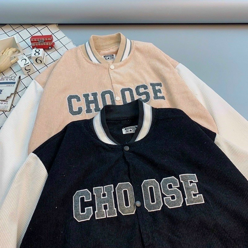 Áo khoác bomber Unisex chất nhung tăm thêu chữ CHOOSE ,form rộng 2 lớp đẹp cho nữ,nam