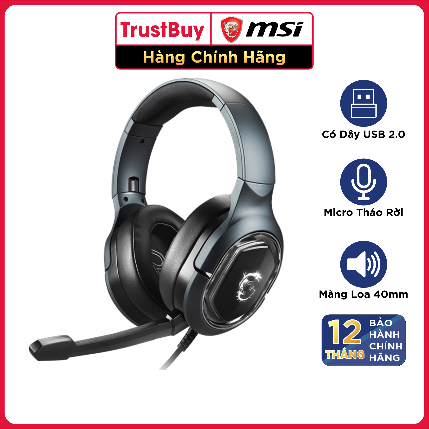 Tai Nghe Chụp Tai Gaming MSI Immerse GH50 Âm Thanh 7.1, Tích Hợp Mic, Dây Cắm USB 2.2M - Hàng Chính Hãng