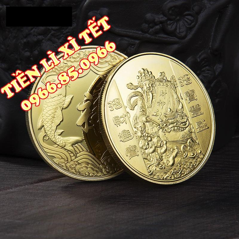 Ti.ền lì xì tết 2023 Đồng Ti.ền Xu Ông Thần Tài Mạ Vàng Tặng Kèm Móc Khóa Túi Gấm Nhung Phúc Lộc Phong Thủy May Mắn QTLNC000150