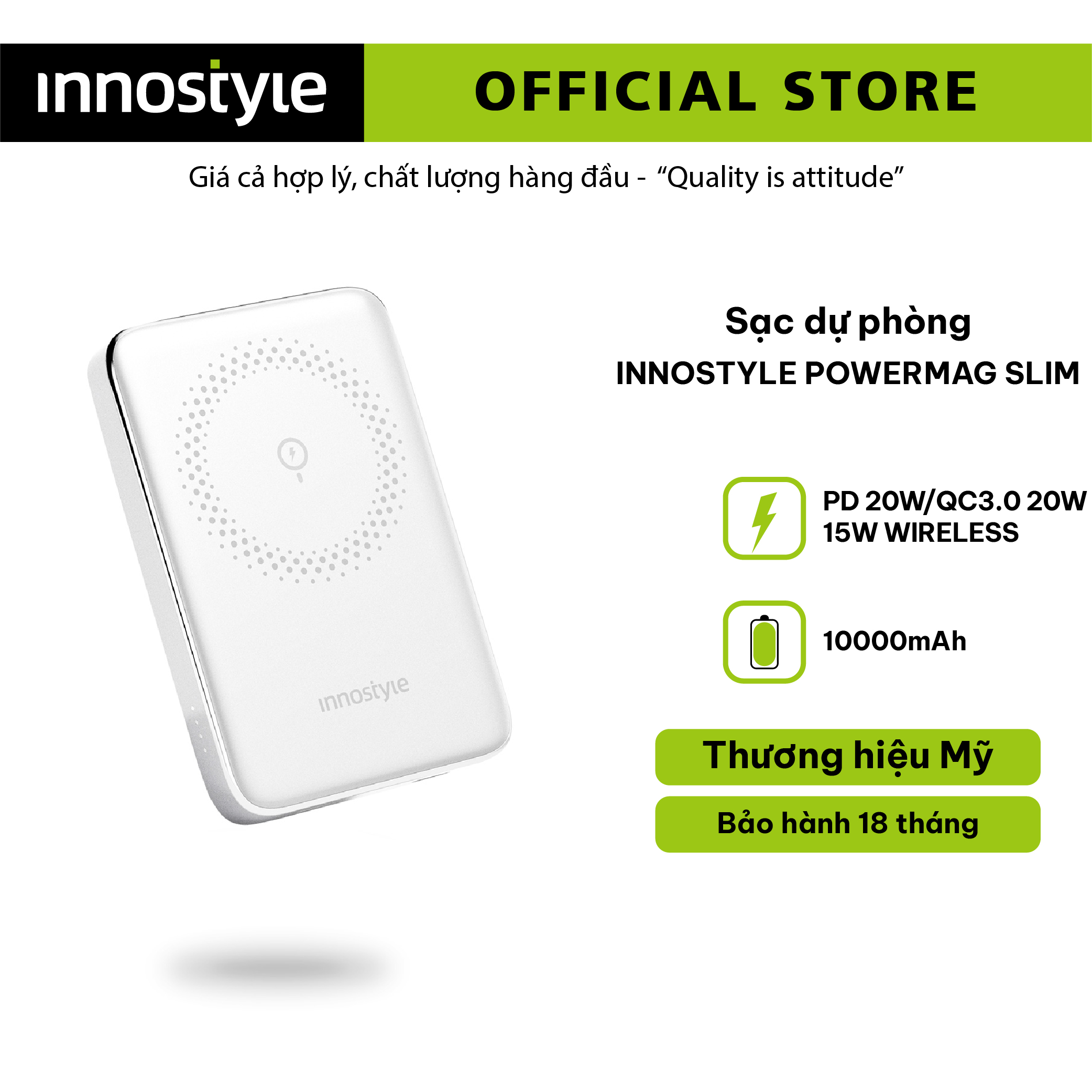 SẠC DỰ PHÒNG HÍT TỪ TÍNH CHO IPHONE 14 I 13 I 12 INNOSTYLE POWERMAG SLIM 15W (WIRELESS) PD/QC3.0 20W 10000MAH IM20PD - HÀNG CHÍNH HÃNG