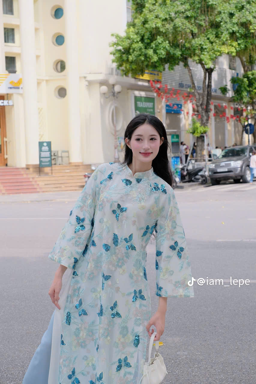 BỘ ÁO DÀI NỮ CÁCH TÂN KIM SA HỒ ĐIỆP – BƯỚM HỒNG &amp; BƯỚM XANH