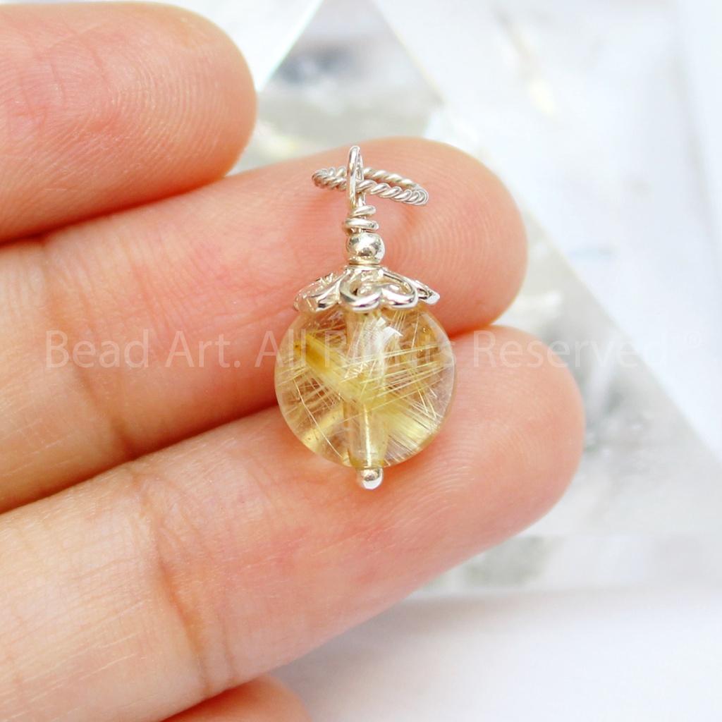 Mặt Dây Chuyền Thạch Anh Tóc Vàng Tự Nhiên 9mm Loại A, Trang Sức Đá Phong Thuỷ, Mệnh Thổ, Kim - Bead Art