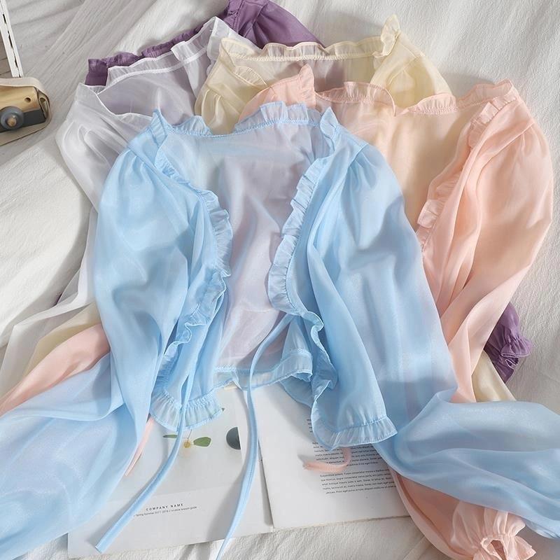 Áo Khoác Nhẹ Ngoài Váy Cadigan Nữ Màu Xanh Be Trắng Hồng Chất Chiffon Dài Tay Phong Cách Tiểu Thư Hàn Quốc