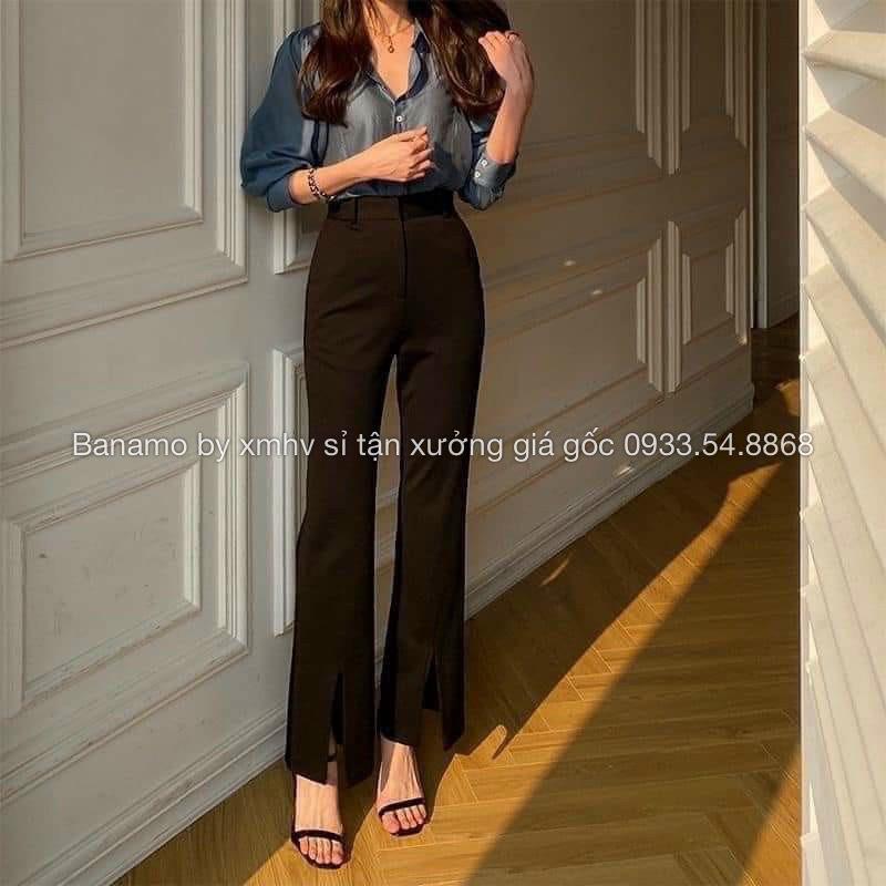 Quần vải ống loe xẻ trước cạp cao dáng xinh thời trang Banamo Fashion quần loe xẻ gấu 435