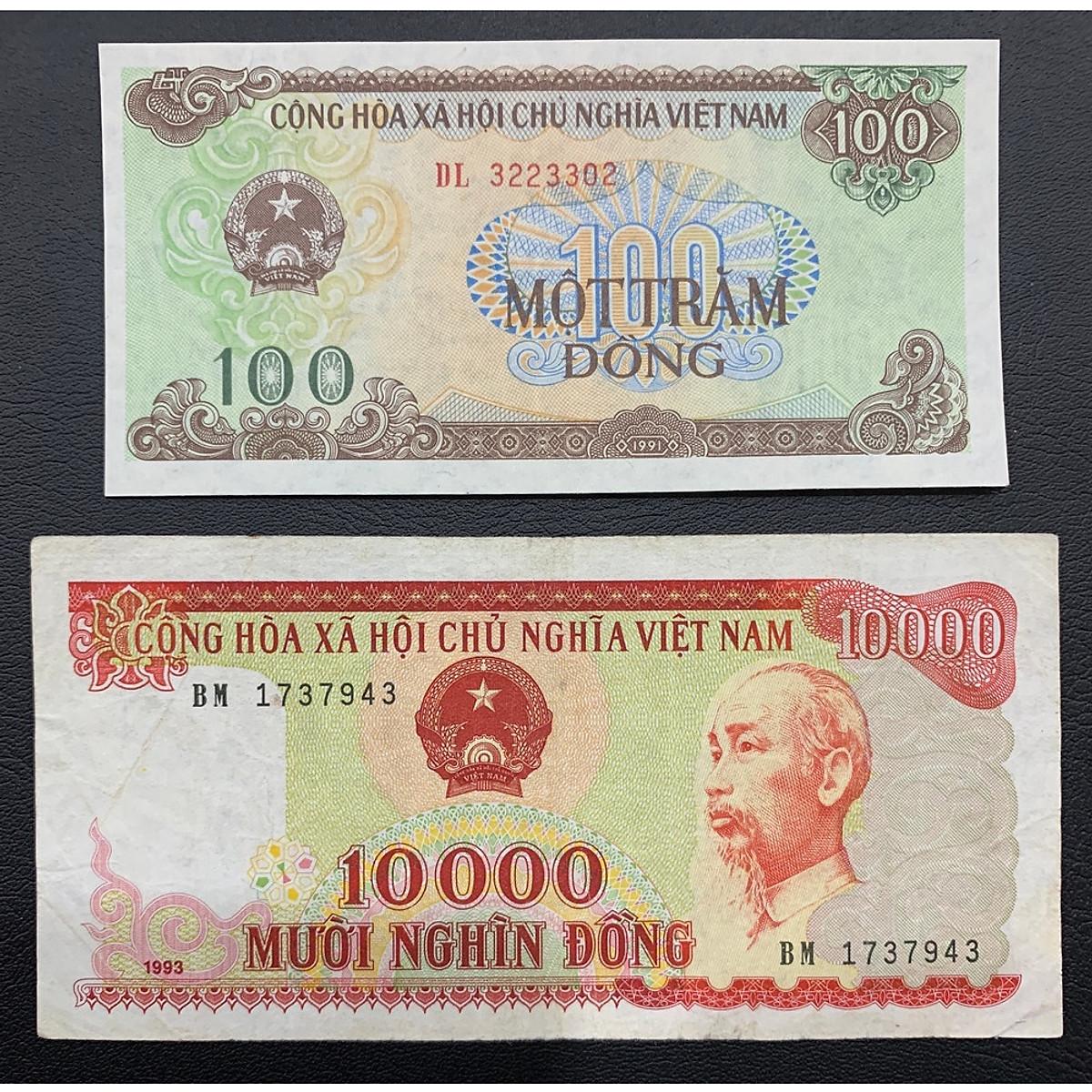 100 đồng 1991 và 10.000 đồng 1993 , combo 2 tờ tiền xưa thời bao cấp