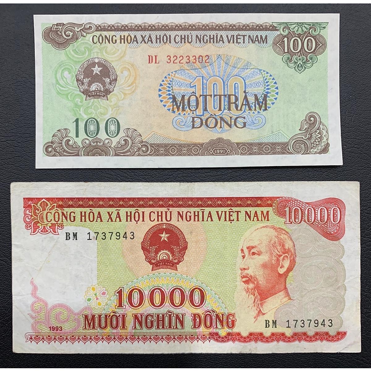 100 đồng 1991 và 10.000 đồng 1993 , combo 2 tờ tiền xưa thời bao cấp, sưu tầm