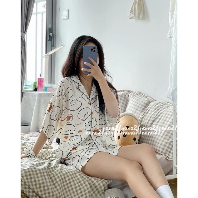Bộ ngủ nữ cộc hình gấu, bộ pijama quần áo cộc ngắn in hình họa tiết trang trí dễ thương