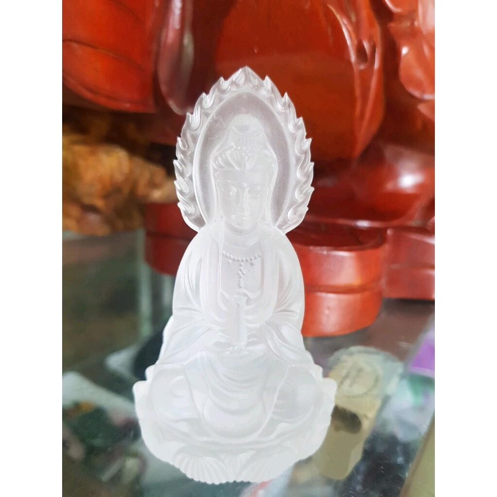 Tượng Phật Bà Quan Âm 2 Mặt ĐÁ LƯU LY TRẮNG TINH ĐẸP ĐỂ TRONG XE HƠI hoặc BÀN cao 10cm đk 6cm mệnh KIM mệnh THỦY ạ