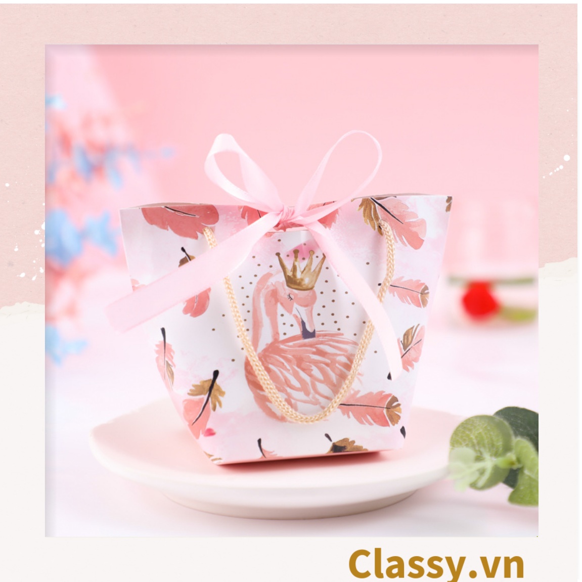 Classy Túi giấy đựng quà thắt nơ in hình dễ thương 14 X 7 X 10 CM đựng son, trang sức, quà tặng đám cưới, lễ tết (Q301)