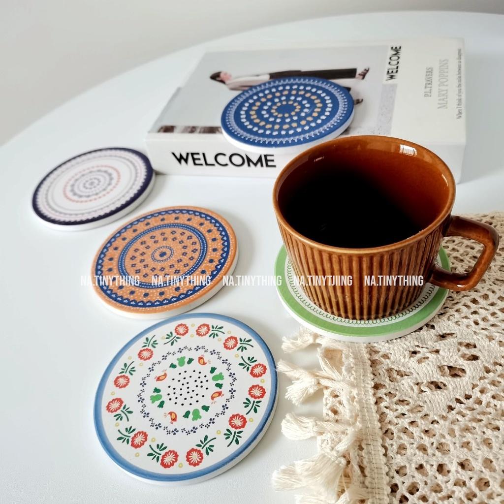 Miếng lót ly, đế lót cốc làm bằng đá thấm hút nước hoạ tiết Boho Vintage phong cách Hàn Quốc NA0061