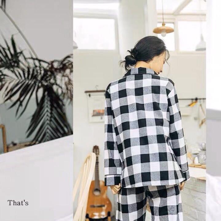 Bộ pyjama nữ vải thô cotton kẻ caro đen trắng trẻ trung