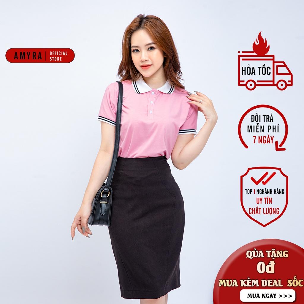 Áo phông nữ có cổ mùa hè AMYRA, polo tay ngắn co giãn basic vải cotton thun trơn trắng đen mặc đi làm, thể thao AT021