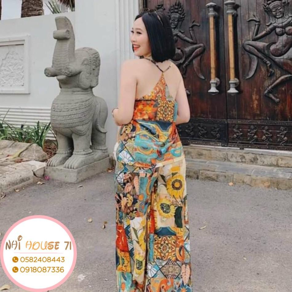 Set Bộ Thổ Cẩm NHIHOUSE71 Áo 2 Dây Cổ V Lưng Yếm Quần Ống Suông Freesize Dưới 55kg