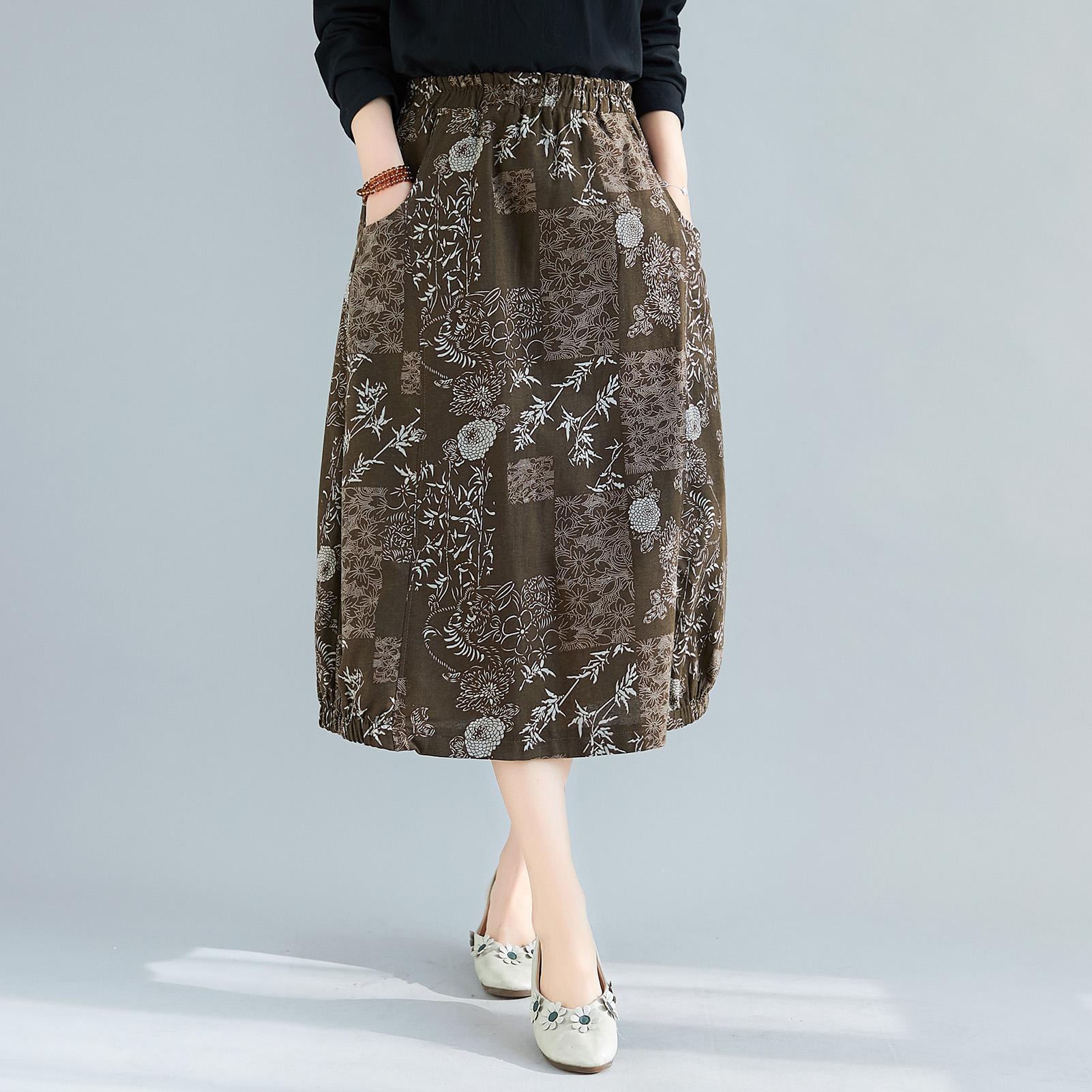 Women Vintage Skirt Linen Fabric Elastic Waist Pockets Loose Fit Midi Skirt Plus Size Casual Dress