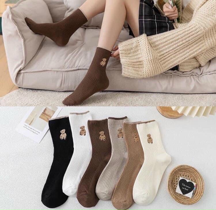 Tất Nữ Cổ Cao, Set 5 Đôi, Tất Cao Cổ Nữ, Hoạ Tiết Gấu, Chất Liệu Cotton Dày Dặn, Phong Cách Hàn Quốc