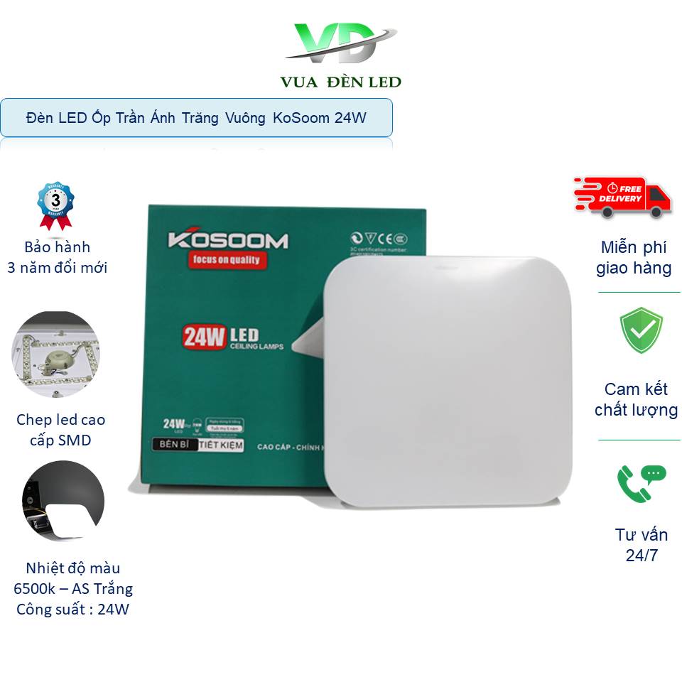 Đèn LED Ốp Trần Ánh Trăng Vuông Kosoom Tràn Viền Công Suất 24W Ánh Sáng Trắng