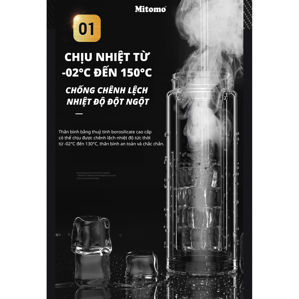 Bình giữ nhiệt thủy tinh 2 lớp chắc chắn, bình thủy tinh pha trà Mitomo BGH - 0505 500ml - Hàng chính hãng