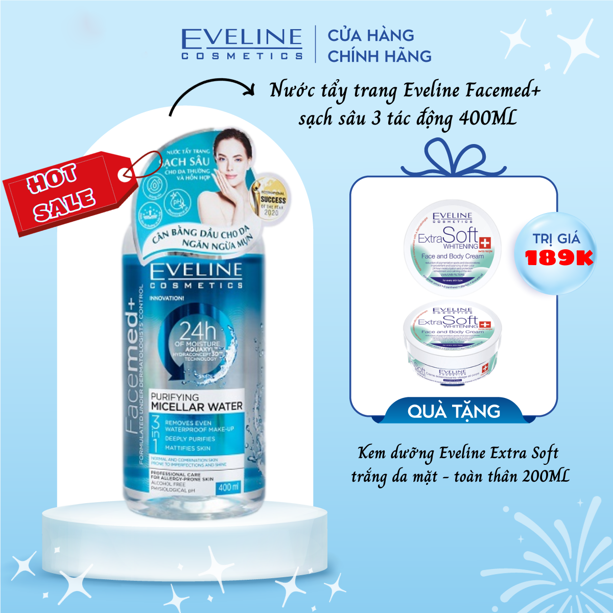 [TẶNG kem dưỡng toàn thân Eveline] Nước tẩy trang không cồn dành cho da dầu, hỗn hợp EVELINE - 400ml