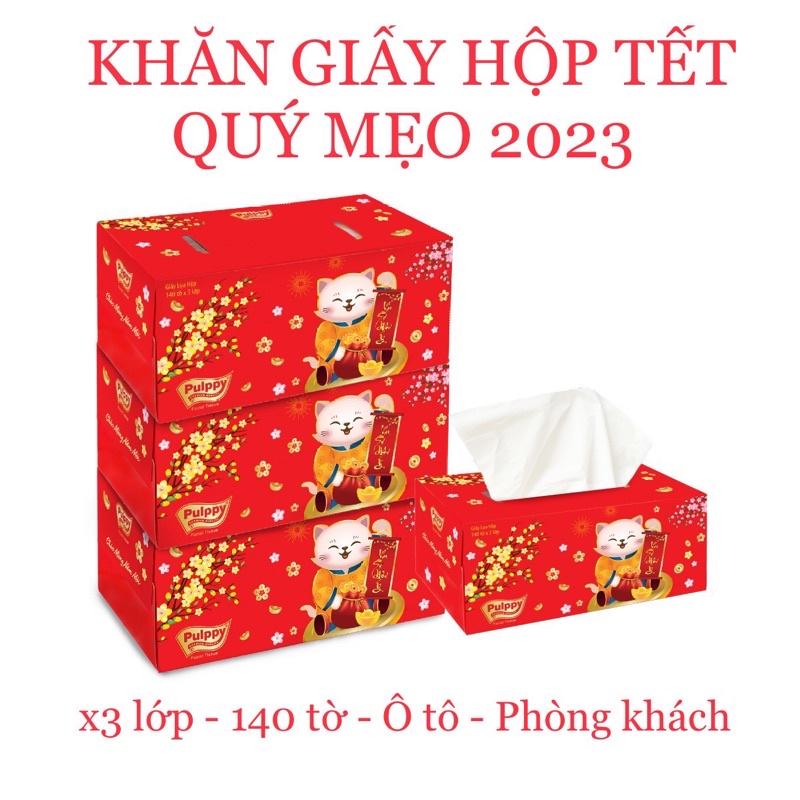 3 Khăn giấy hộp TẾT Pulppy Quý Mẹo x3 lớp sang trọng để phòng khách ô tô bàn ăn