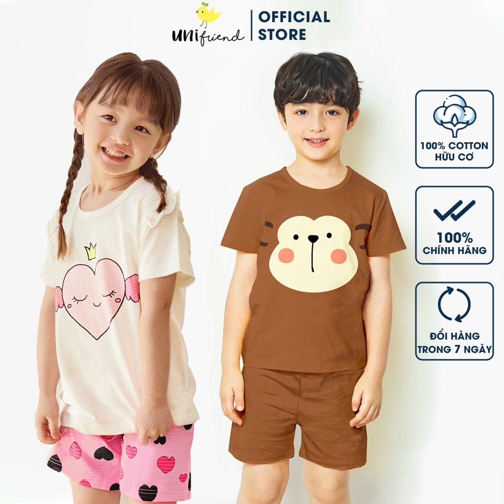 Đồ bộ quần áo thun cotton dành cho bé trai, bé gái mặc nhà mùa hè Unifriend Hàn Quốc U2022-7. Size đại 5, 6, 8, 10 tuổi