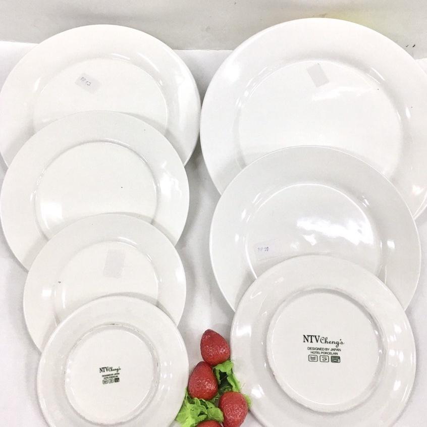 Dĩa sứ cạn trắng 16cm, 18cm, 20,5cm, 23cm, 25,5cm, 28cm, 29,7cm, 36cm.