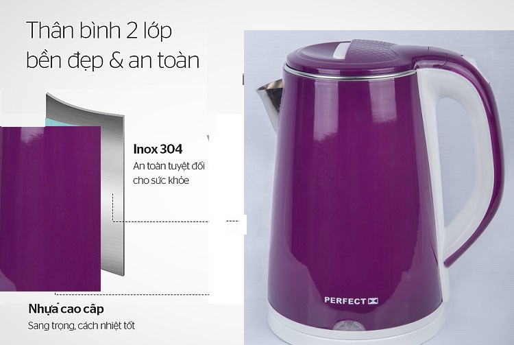 Ấm đun siêu tốc 2 lớp Inox 304 Perfect 2L2- Hàng chính hãng