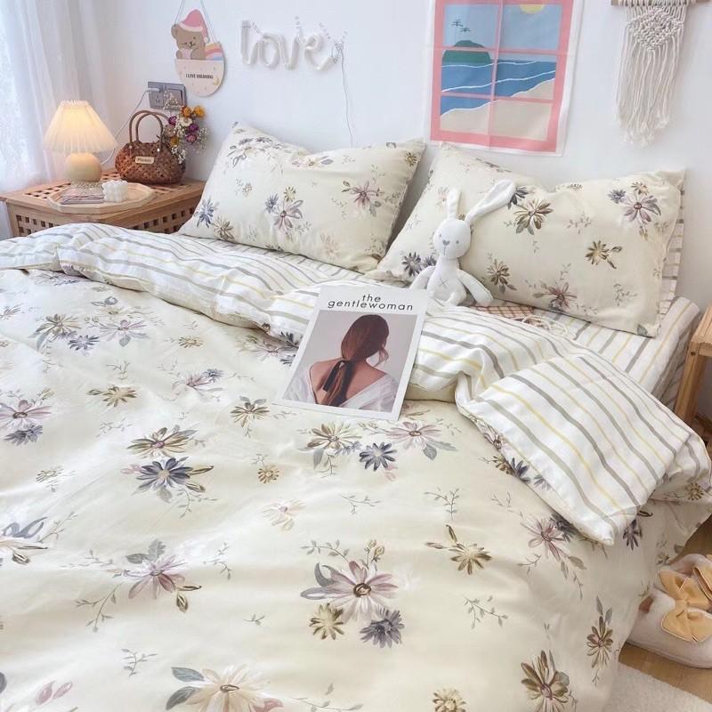 Set Ga Gối Cotton Living 100%cotton Hàng Nhập Khẩu Cao Cấp 4 Món Hoa Trắng Vintage