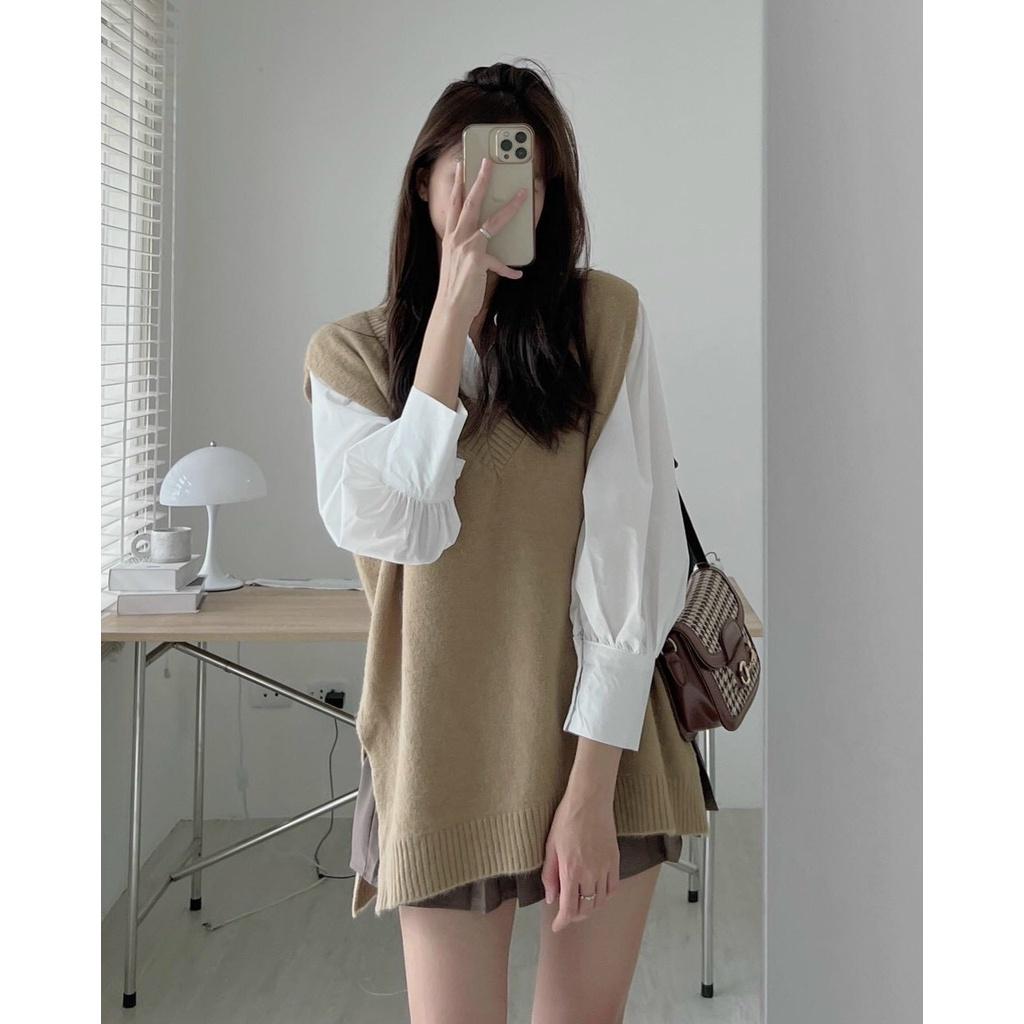 Áo gile len nữ cổ V trơn màu basic dễ phối đồ kiểu Hàn Quốc hàng Quảng Châu chất đẹp Dây cột tóc chun