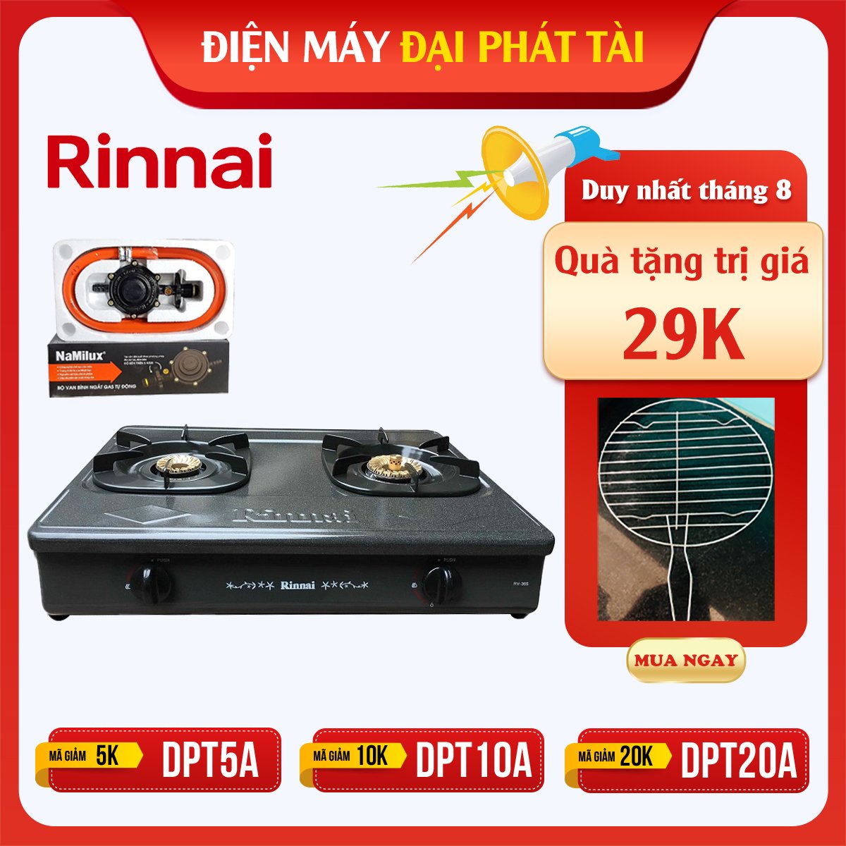 Bếp Gas Dương Đôi Rinnai RV-367(G)N Tặng kèm 1 bộ van và dây gas- Hãng chính hãng