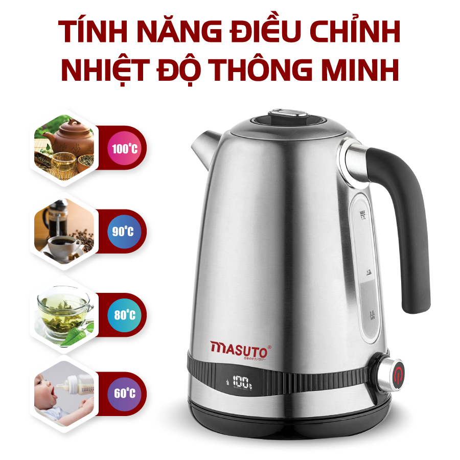 Ấm Siêu Tốc 2 Lớp Thông Minh Masuto 1.7 Lít (Công nghệ Nhật Bản) - Hàng Chính Hãng