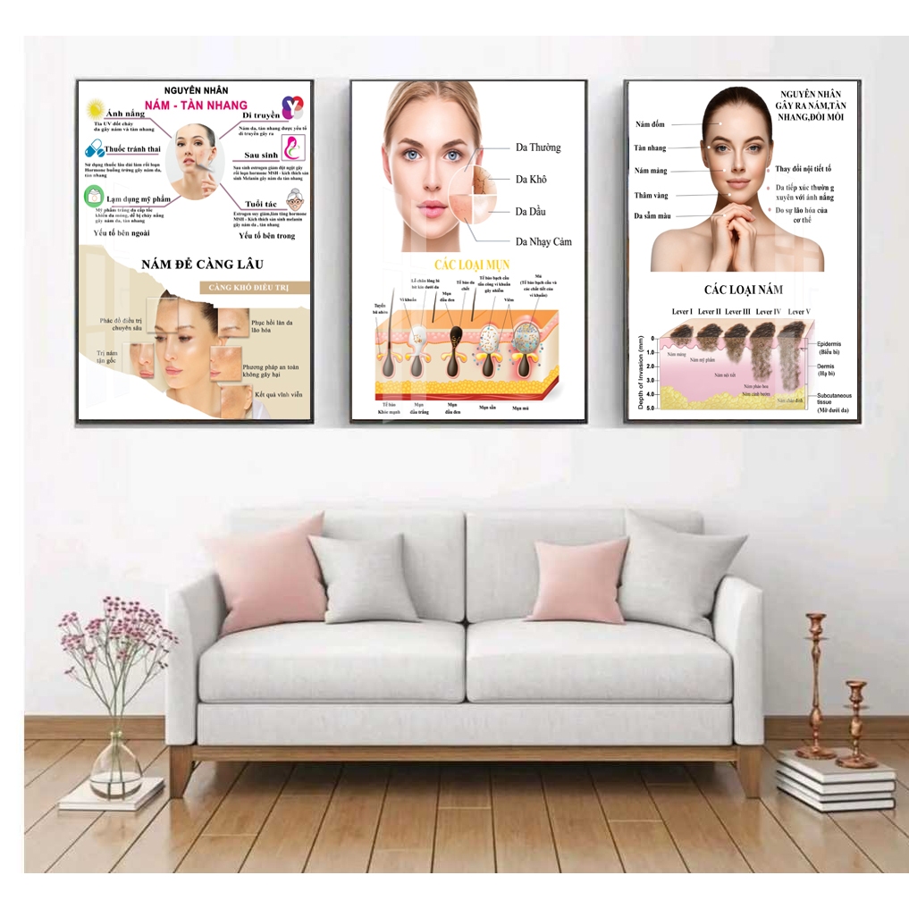 Tranh treo tường phân tích cấu trúc biểu bì da mặt,trang trí decor tiêm spa (tặng kèm đinh)