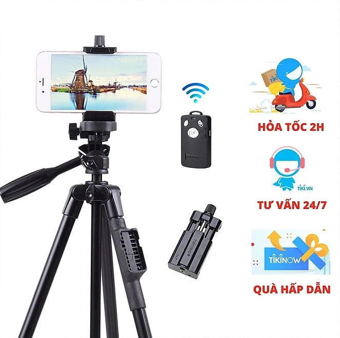 Chân đế tripod dùng cho điện thoại và máy ảnh 6218 - Có Remote chụp ảnh và túi đựng tiện lợi - Hàng chính hãng