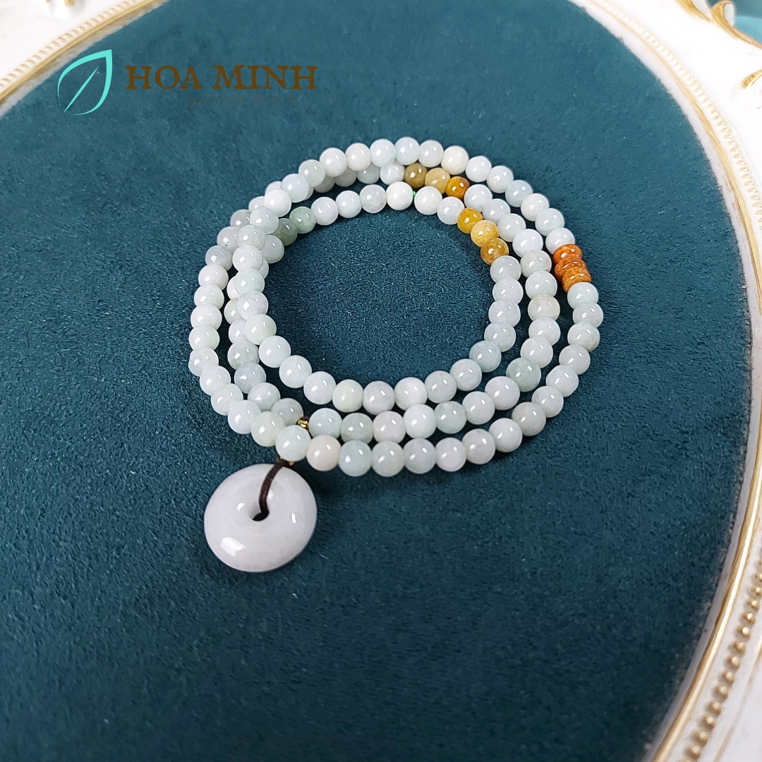Vòng tay chuỗi 108 hạt Cẩm Thạch bạch ngọc nếp băng size hạt 5.5 li phối điếu cẩm thạch phong thủy tài lộc