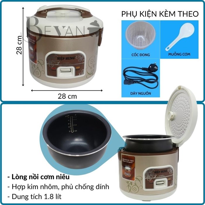 Nồi cơm điện cơ hàng chính hãng Hiệp Hưng Cao Cấp HHCC-01 Bevano, giữ ấm 12 giờ, nồi cơm 1.8L lòng nồi cơm niêu không dính đa năng, tiết kiệm điện năng