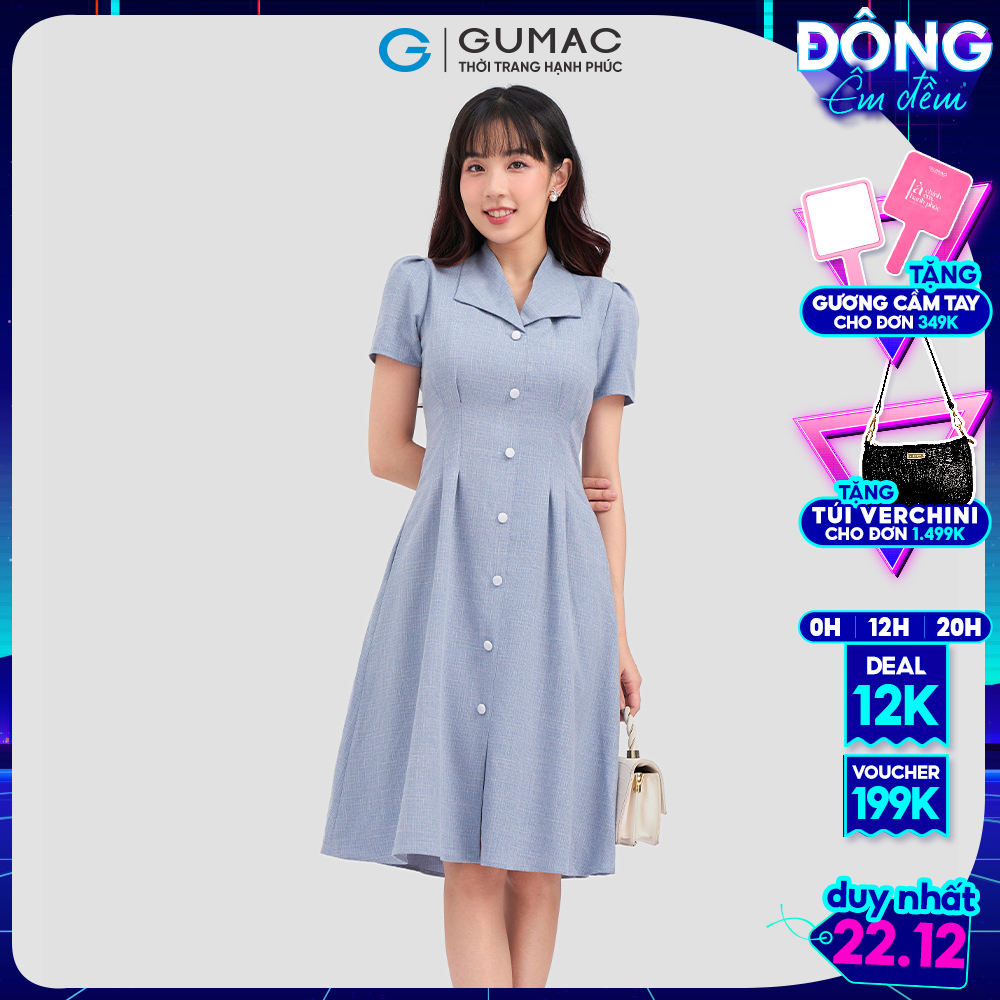 Đầm pen eo GUMAC DC12004 nút bọc thanh lịch