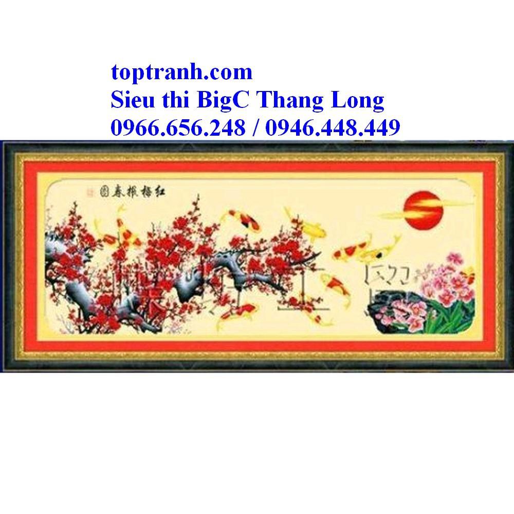 Tranh thêu chữ thập cành đào đỏ và 9 con cá cửu ngư quần hội A716 chưa thêu