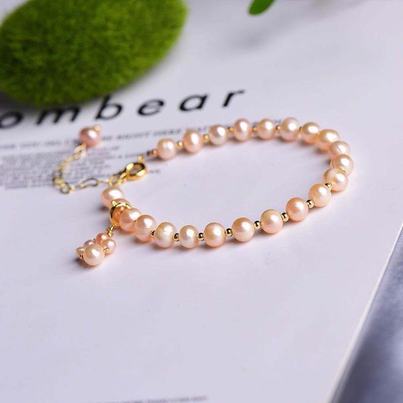 Vòng Tay Ngọc Trai Hạt 7ly Màu Cam Mix Bi Titan, Vòng Tay Ngọc Trai Nước Ngọt Tự Nhiên Sang Trọng - Ngọc Trai Trường Thịnh