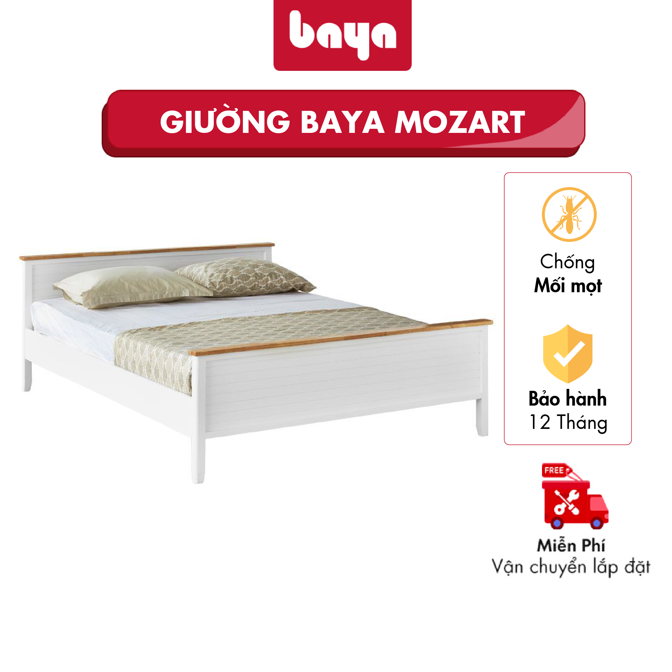 Giường Ngủ Gỗ Cao Su L200xW160xH80 BAYA MOZART Màu Vàng Nhạt Kết Hợp Phun PU Trắng, Các Mắt Gỗ Đều Màu, Bề Mặt Gỗ Nhẵn Mịn, Cứng Cáp, Không Bị Cong Vênh 1048520